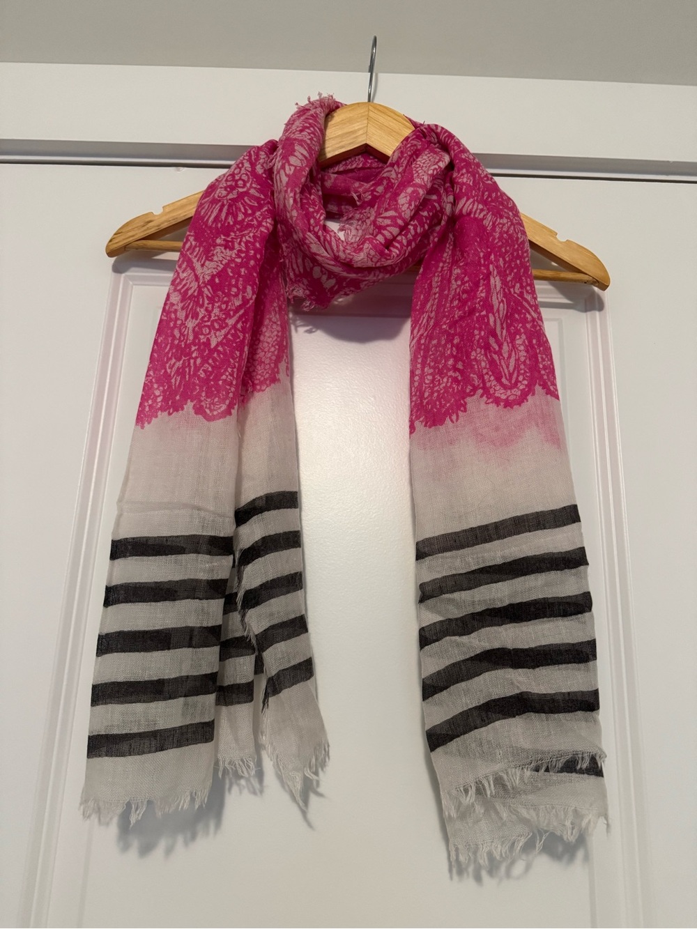 LOFT Pink and Gray Lace-Print Striped Scarf